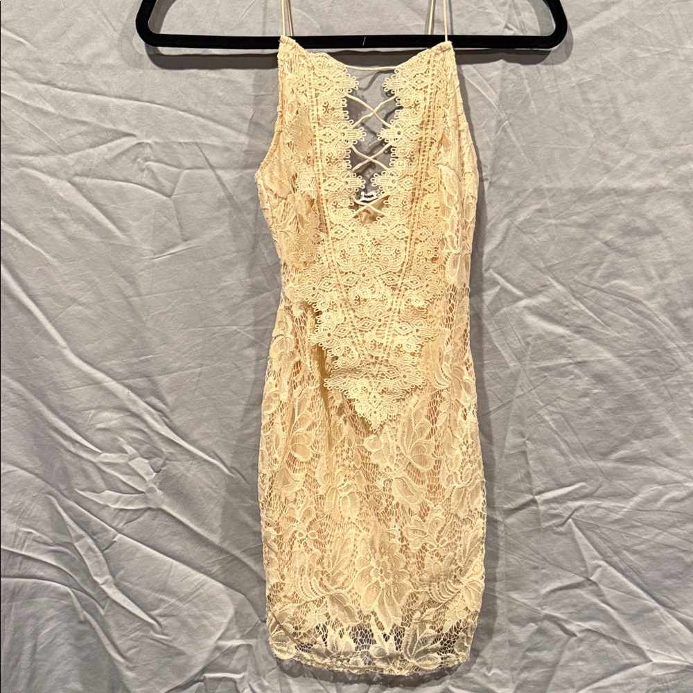 Fashion Nova Lace Backless Dress in Cream
